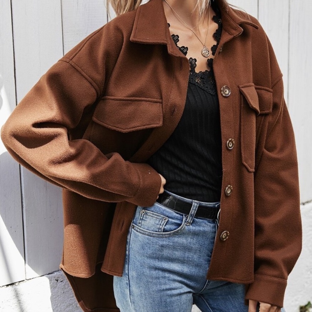 Boho brown boyfriend oversized button jacket shacket - Picture 1 of 15